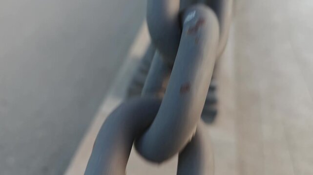 Close up view of a large grey metal chain swinging back and forth. Small spots of rust are visible on the weathered links and post