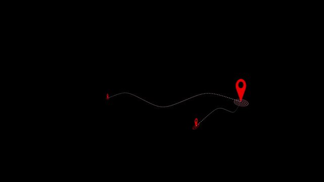 Multiple red location pins connected by animated route lines on black background. Ideal for travel planning, logistics, delivery routes, GPS tracking, navigation systems and motion graphics.