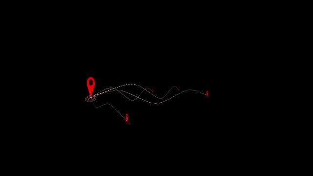 Animated GPS route featuring multiple location pins with highlighted destination marker on black background. Perfect for navigation apps, logistics, delivery tracking and digital map visuals.