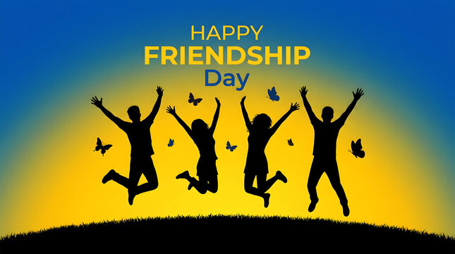 Silhouettes of friends dancing under sunset sky for friendship day