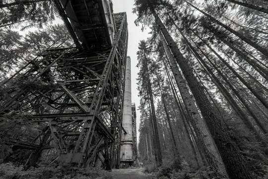 towering factory over ancient forest floor