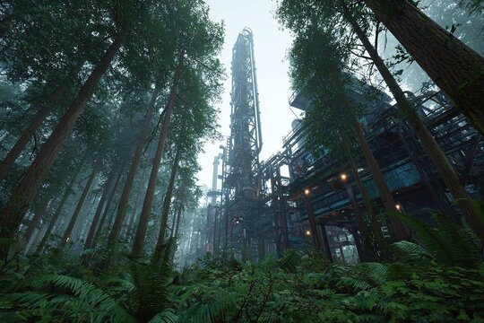 towering factory over ancient forest floor