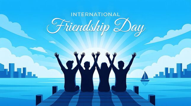 Silhouettes of friends raising hands against city skyline for international friendship day