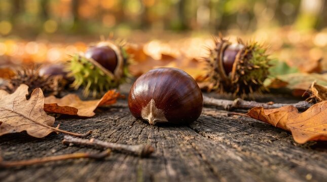 Several chestnuts rest on a weathered wooden surface amidst fallen autumn leaves. The chestnuts are rich brown with their spiky husks.