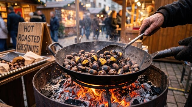 A vendor at a Christmas market is roasting chestnuts over an open fire. He uses a large metal spoon to stir the chestnuts in a black cast iron pan filled with hot coals.