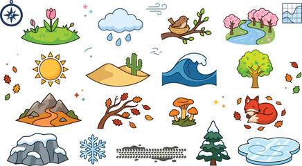 Obraz premium Nature Seasons Landscape Vector Collection with Weather Trees Mountains Ocean Desert Wildlife Seasonal Icons and Outdoor Environment Elements