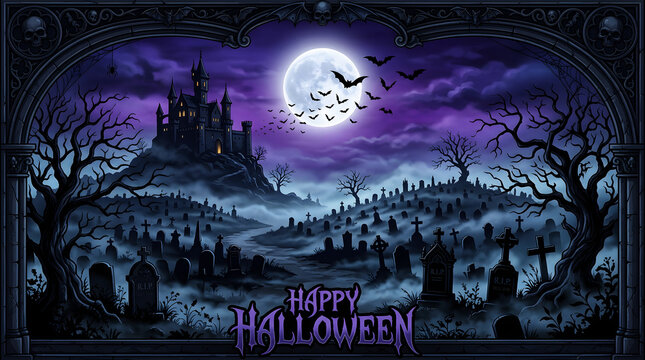 Spooky halloween night scene with full moon, graveyard, and tombstones
