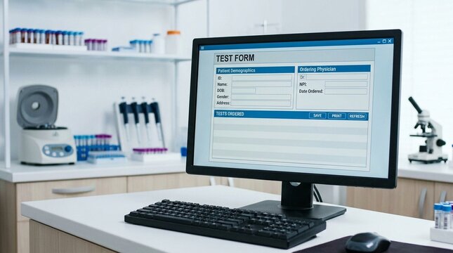 Electronic test requisition form displayed on a laboratory computer screen showing patient demographics and ordered tests