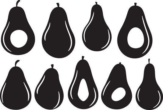 set of vector black silhouettes of avocado