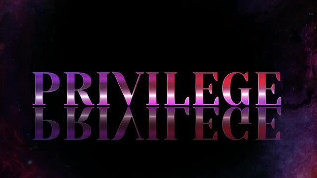 Privilege text title motion on black background with elegant pink metallic letters reflection and glowing abstract cosmic texture background for video