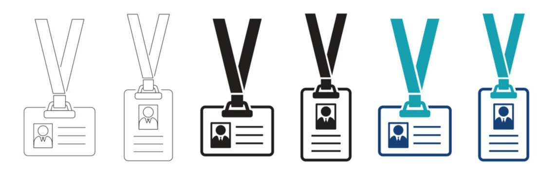 ID badge solid icons set. Employee identification, access card, staff identity, security pass and office credential vector illustration.
