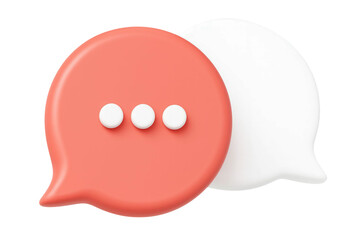 Fototapeta premium modern red chat bubble icon with white dots overlapping behind white bubble symbolizing digital communication messaging conversation interface design isolated background minimal vector graphic