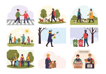 Fototapeta premium Collection of people performing various community service and volunteer activities