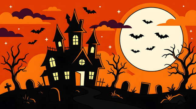 Spooky halloween night with grinning moon, haunted houses, and black cat silhouette
