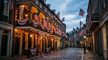 Obraz premium Patriotic 4th of July Celebration on a Historic Cobblestone Street with American Flags and Confetti