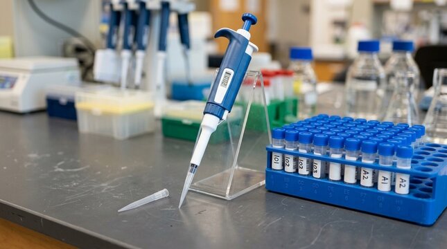Adjustable volume micropipette with a disposable tip ejected beside a rack of labelled cryovials on a research lab bench