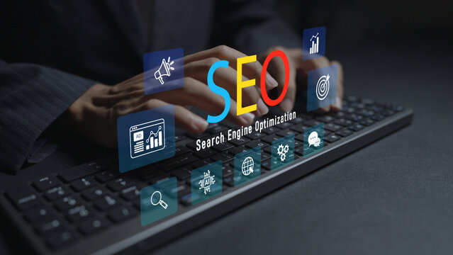 Search Engine SEO concept. Person typing keyboard with search engine optimization and analytics icons, keyword research, website ranking and organic traffic growth.