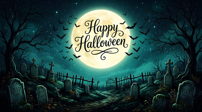Spooky halloween night with haunted graveyard and full moon tombstones