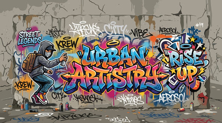 Urban artistry graffiti wall mural with skater © S.Siam