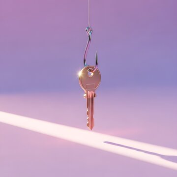 A golden key hangs from a fishing hook against a soft purple with a light beam