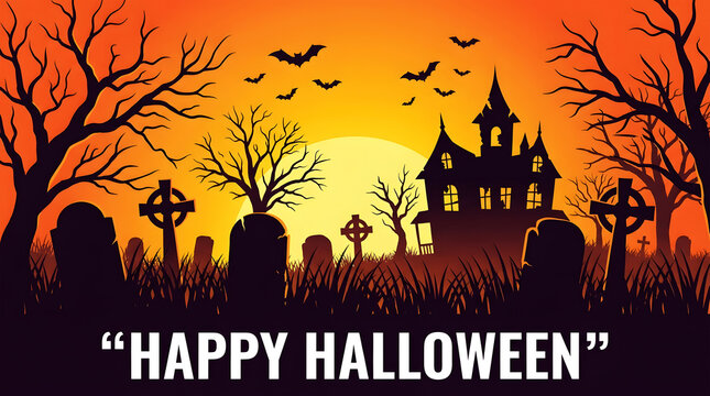 Spooky halloween night with haunted house, bats, moon, and trees