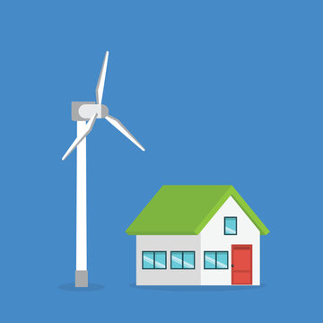 Eco Friendly Smart Home with Wind Turbine Renewable Energy Flat Vector Illustration