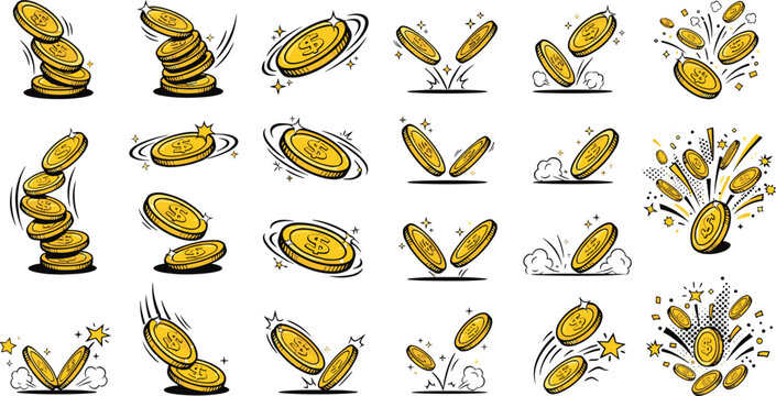 Cartoon Gold Coins Flying and Explosion Vector Icon Set with Dynamic Motion Lines for Mobile Gaming and Casino App UI Designs
