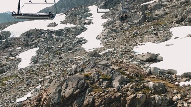 Whistler Glacier and Rocks from the chairlift, Blackcomb mountain in British Columbia on a sunny summer day. Slow motion