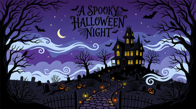 Spooky halloween night with haunted house, bats, and full moon