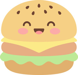 Obraz premium Hamburger illustration depicts a smiling fast food sandwich with a golden brown bun and layered ingredients in a clean vector art style.