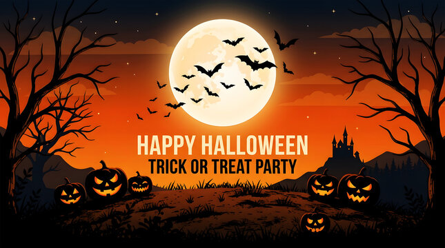 Spooky halloween poster with bats, moon, and trick-or-treat text