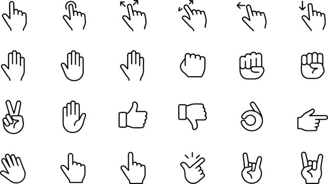 Hand Gesture and Touch Screen Interface Pointer Line Icon Set Featuring Clicks, Swipes, Pinch Zooms, and Common Sign Language Expression Symbols