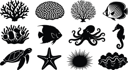 Coral reef marine life and sea animals vector silhouette icon set featuring tropical fish turtle octopus starfish seahorse and anemone shapes © MdAbulkalam