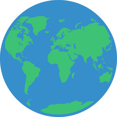 Obraz premium Globe icon features a stylized green map of the continents set against a solid blue circular ocean background.