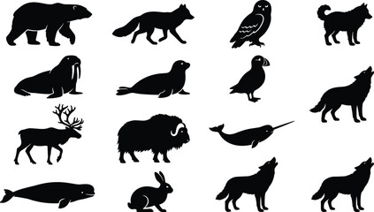 Arctic animals and polar wildlife vector silhouette icon set featuring polar bear wolf walrus seal narwhal and reindeer shapes © MdAbulkalam