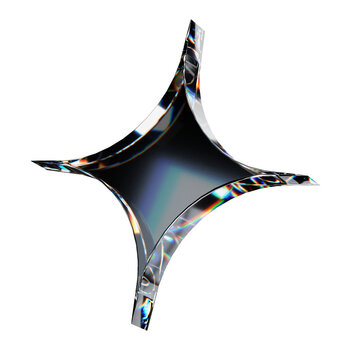 3d glass four corner star icon with dispersion effect, 3d render, transparent background.