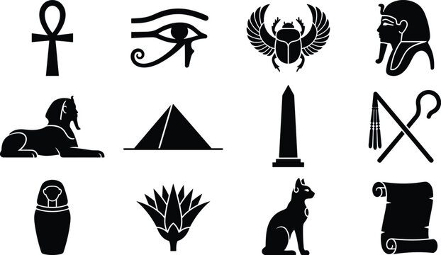 Ancient Egypt culture and history vector icon set featuring pyramid sphinx pharaoh scarab cat mummy and hieroglyph silhouettes