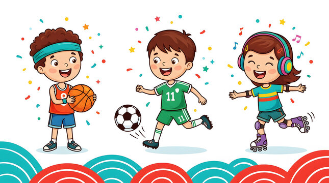 Three children in bright uniforms playing soccer with confetti background, ball