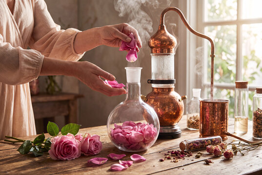 hands carefully dropping fresh, pink rose petals into a glass distillation flask, luxury fragrance extraction
