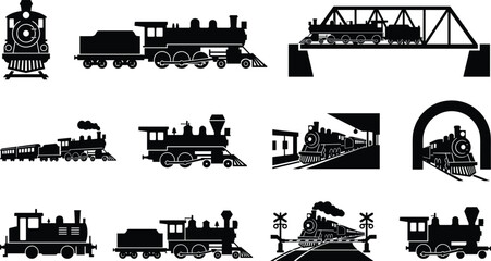 Vintage steam trains silhouettes vector icon set featuring antique locomotive railway transport bridge tunnel railroad station and track elements © MdAbulkalam