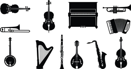 Vintage classical musical instruments vector icon set featuring piano violin cello trumpet trombone accordion saxophone harp and banjo silhouettes © MdAbulkalam