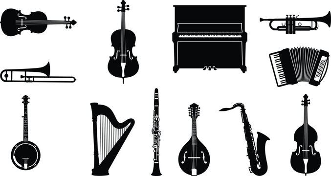 Vintage classical musical instruments vector icon set featuring piano violin cello trumpet trombone accordion saxophone harp and banjo silhouettes