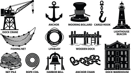 Naklejka premium harbor and dock equipment vector icon set featuring lighthouse anchor crane warehouse lifebuoy chain bollard and marine industry silhouettes