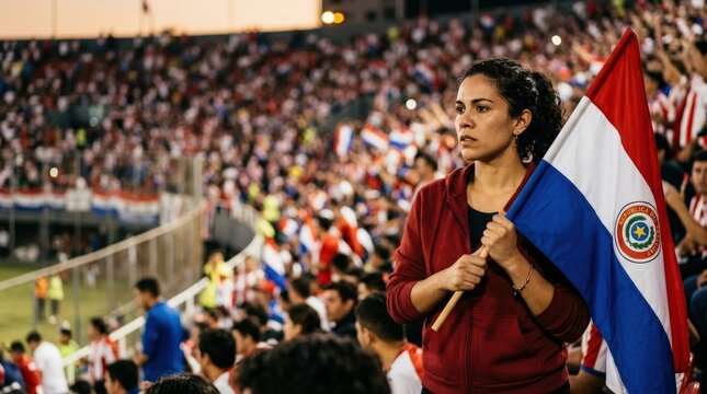 Paraguayan football fan holding national flag in crowded stadium
