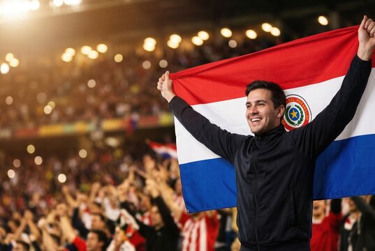 Paraguayan football fan celebrating with national flag in stadium