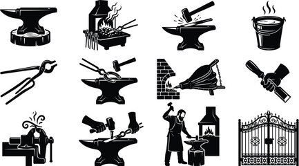 Obraz premium Blacksmith and metal forging industry vector icon set featuring anvil forge bellows tongs hammer vice and ornamental iron gate silhouettes