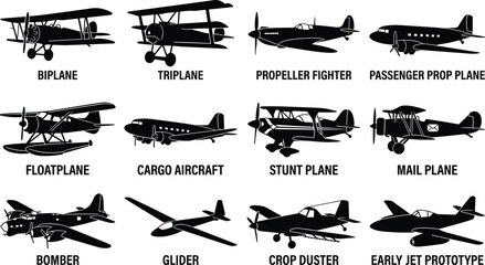 Vintage and retro airplane silhouettes collection featuring biplane triplane propeller fighter passenger cargo floatplane bomber and glider vector icon set © MdAbulkalam