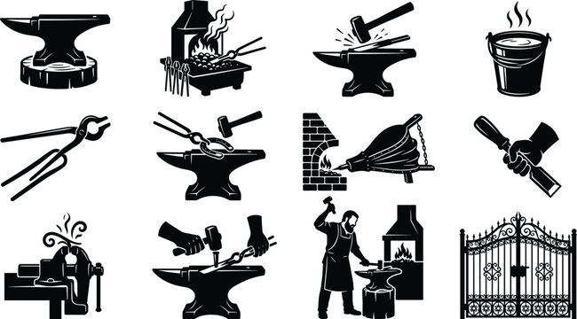 Blacksmith and metal forging industry vector icon set featuring anvil forge bellows tongs hammer vice and ornamental iron gate silhouettes
