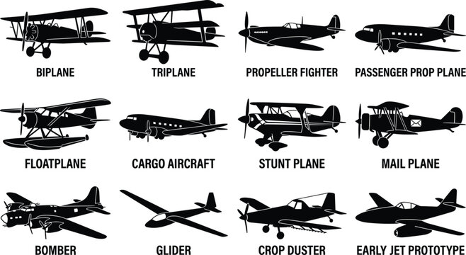 Vintage and retro airplane silhouettes collection featuring biplane triplane propeller fighter passenger cargo floatplane bomber and glider vector icon set
