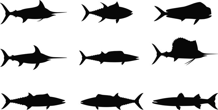 Collection of black silhouettes of saltwater fish, including tuna, swordfish, and sailfish for marine designs.